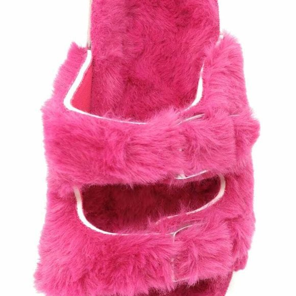 Womens Slippers Double Strap Faux Fur Slippers Double Buckle Open Toe Sandals - Picture 6 of 8